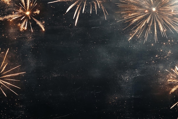 Festive new year fireworks display with golden blooms on a dark gray blackboard background