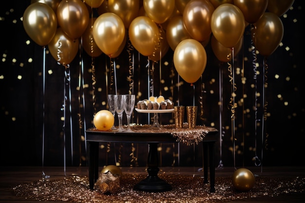 A Festive New Year39s Eve Celebration Scene with Golden Streamers and Confetti Scattered on a Table