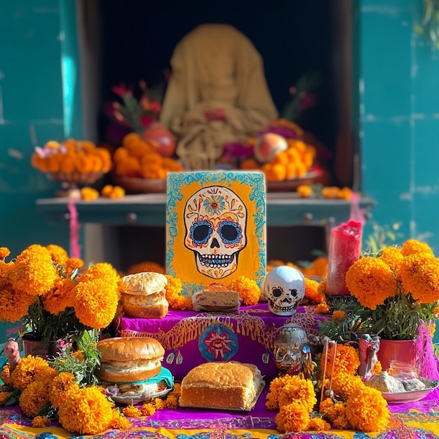 Photo festive ofrenda for day of the dead calaveras pan de muerto and colorful marigolds