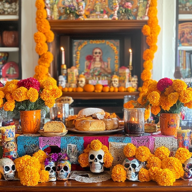 Photo festive ofrenda for day of the dead calaveras pan de muerto and colorful marigolds