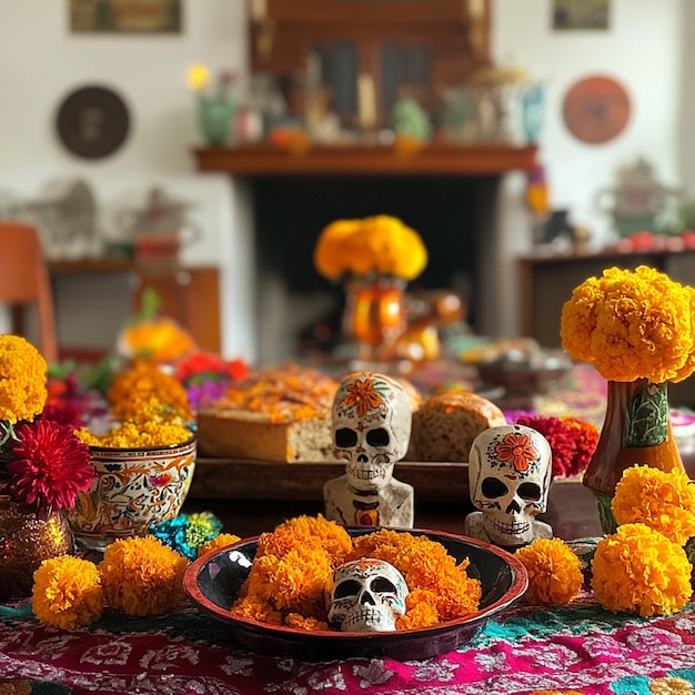 Festive Ofrenda for Day of the Dead Calaveras Pan de Muerto and Colorful Marigolds