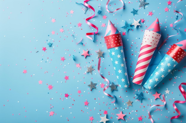 Festive party background with colorful rocket decorations confetti and stars