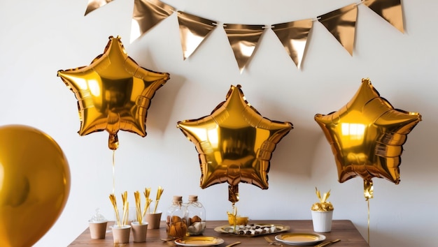 Photo a festive party scene featuring gold star balloons and delicious desserts