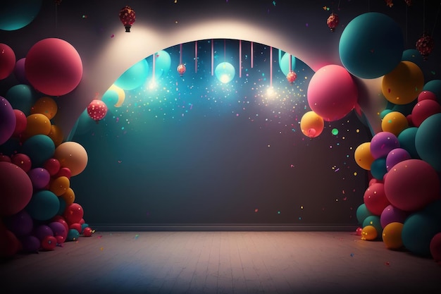 Festive party with balloons stage and garlands Illustration AI Generative