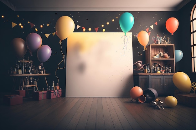 Festive party with balloons stage and garlands Illustration AI Generative