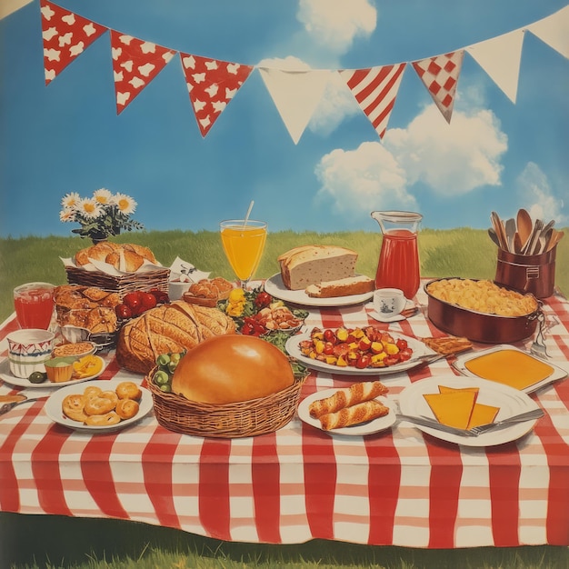 Photo festive picnic scene with red and white checkered tablecloth diverse food and drinks surrounded by green grass under a blue sky