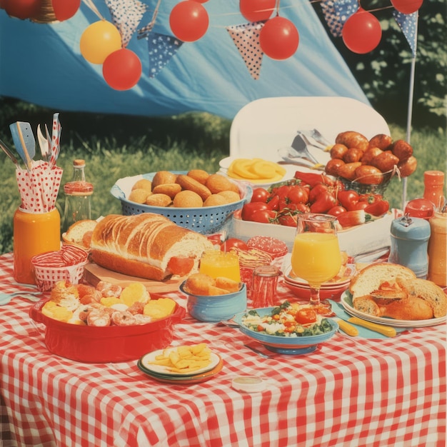 Photo festive picnic table laden with an assortment of food drinks and decor