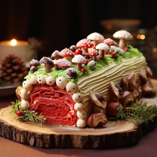 festive picture of a Yule log cake decorated with marzipan mushrooms