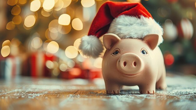 Photo festive piggy bank wearing a santa hat in front of a christmas tree during holiday season