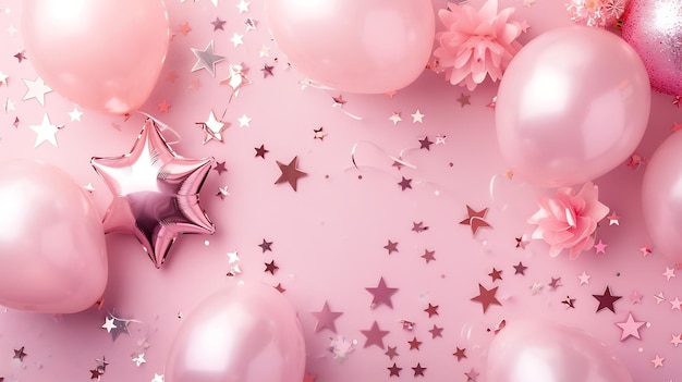 Festive pink background Shining stars and balloons on light pink pastel background C Generative AI