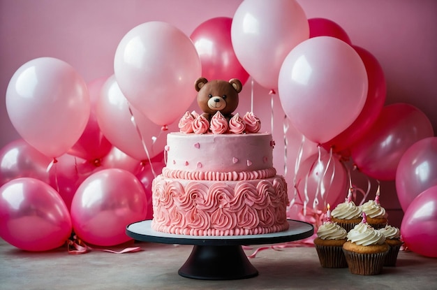 Festive pink cake with a bow and a bear on top against a background of balloons