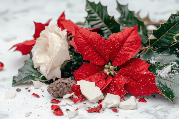 Photo festive poinsettia flowers with pine cone and snow