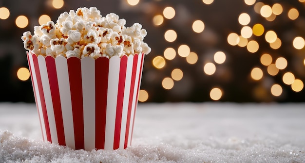 Photo festive popcorn in snow with holiday lights