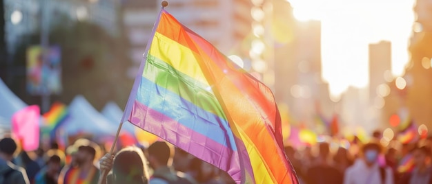 Festive pride parade with a big rainbow flag up front sunlit city skyline blurred participants