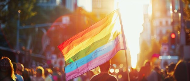 Festive pride parade with a prominent rainbow flag sunny cityscape indistinct participants