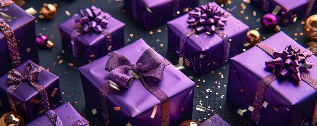 Festive purple gift boxes with elegant bows