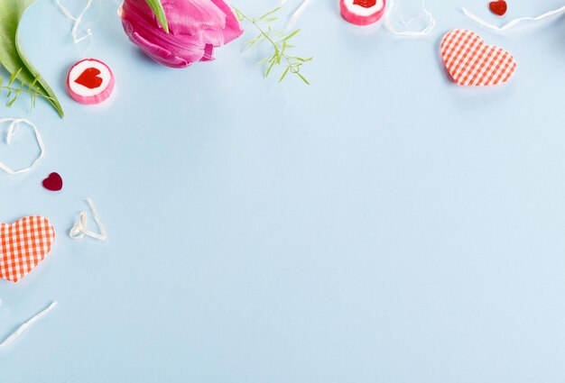 Festive purple pink flower tulips composition on blue background Overhead top view flat lay