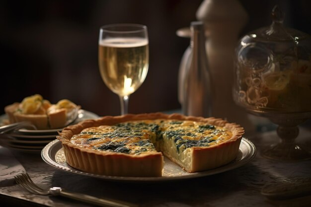 Festive Quiche pie with ham tomatoes spinach and soft cheese on a wooden background with a glass of wine Generative AI