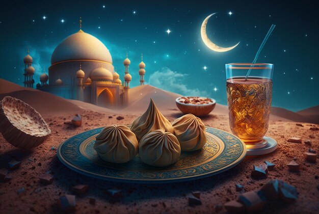 Festive ramadan kareem photo background with cup of tea and dates for iftar menu Generative AI illustration