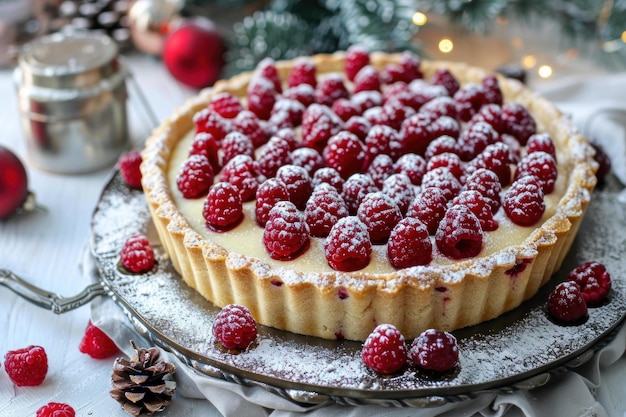 Festive raspberry tart on winter table setting