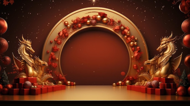 Festive red background with a podium surrounded by dragons