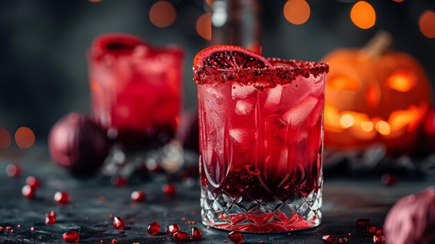 Photo festive red cocktails in crystal glasses with halloween decorations