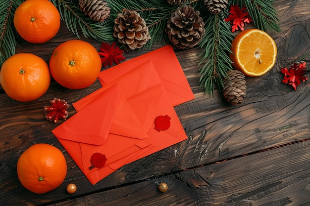 Photo festive red envelopes on wooden background with orange fruit and pine branches