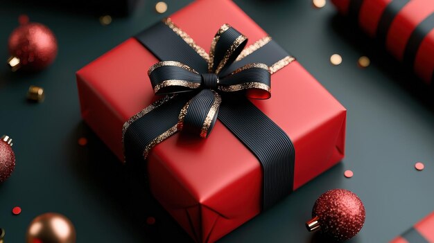 A festive red gift box with a black ribbon surrounded by ornaments and confetti