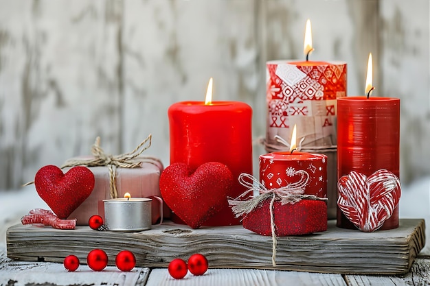 Festive Red Hearts and Candles with Wrapping Paper