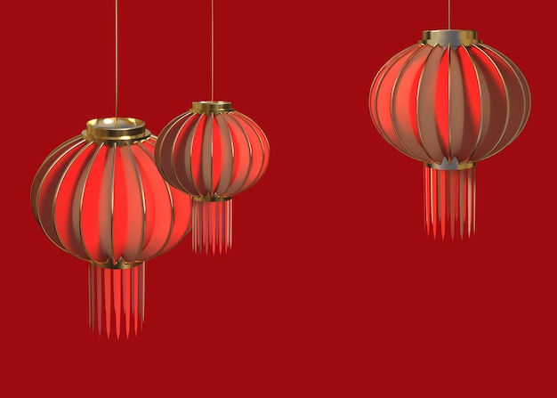 Festive red paper Chinese lanterns, 3d illustration.