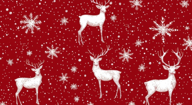 Festive red and white pattern featuring reindeer and snowflakes during the holiday season