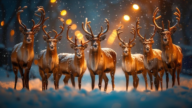 Photo festive reindeer gathering at night