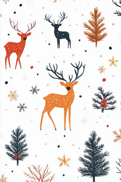 Festive reindeer and pine trees pattern in vibrant colors for holiday decorations