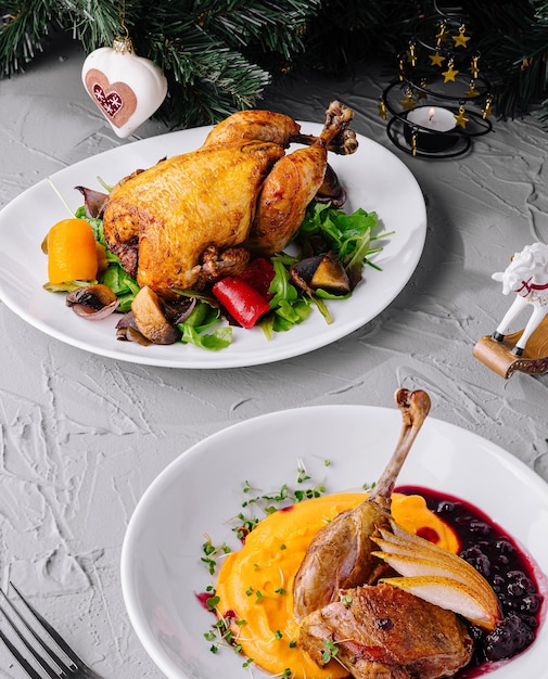 Photo festive roasted chicken and duck dinners