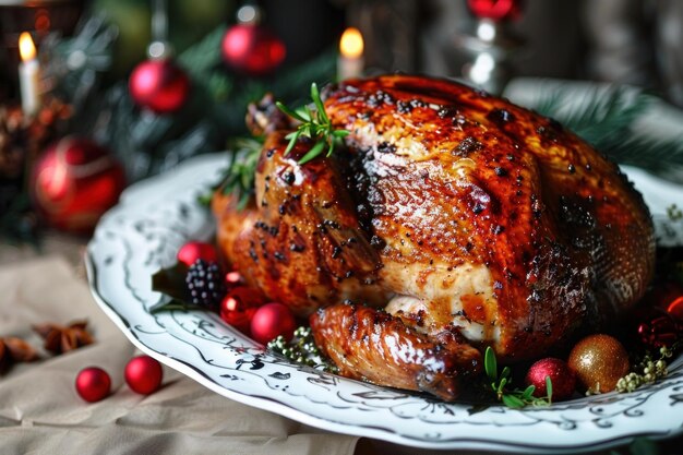 Festive roasted turkey on christmas table