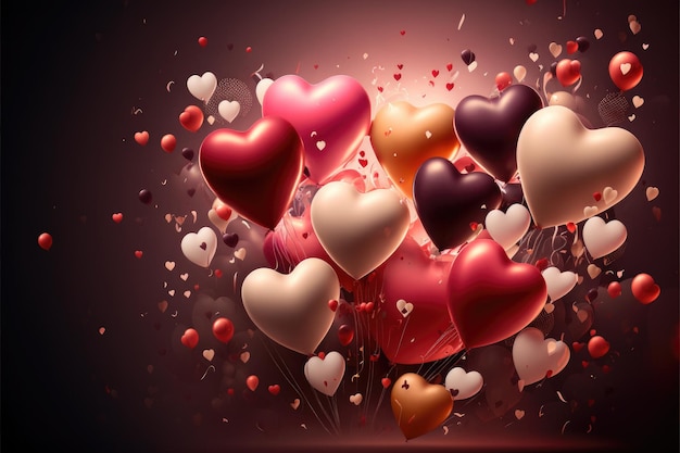 Festive romantic background with balloons hearts and confetti Valentine's Day or Merry Christmas and Happy New Year greetings Generative AI