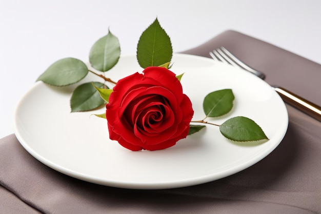 Festive romantic table setting with red rose on white plate Valentines day 14th February celebration love date or romance dinner concept Selective focus copy space