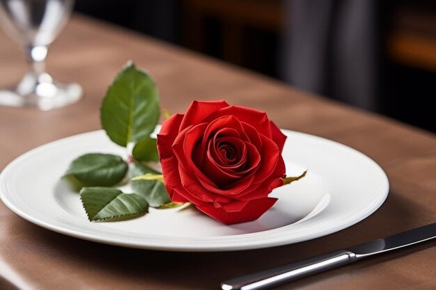 Festive romantic table setting with red rose on white plate Valentines day 14th February celebration love date or romance dinner concept Selective focus copy space