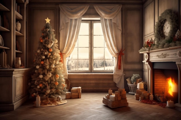 Festive Room View Fireplace Decorations and Christmas Tree AI