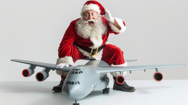 Photo festive santa riding a toy plane with joyful expression