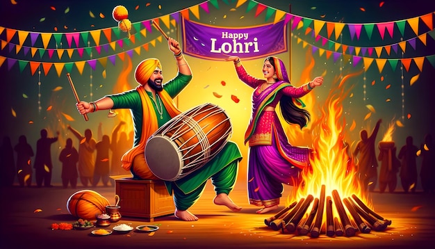 Festive scene celebrating the festival of Lohri with a man and a woman