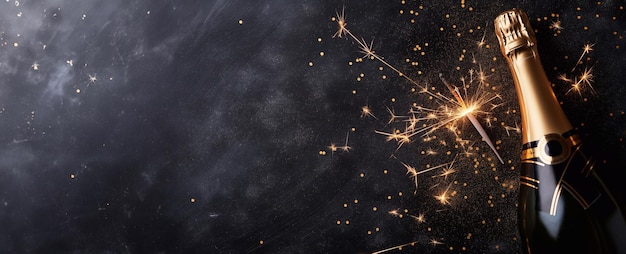 Photo festive scene of a champagne bottle laying on a dark textured backdrop with burning sparklers and confetti perfect for new years eve celebrations happy new year background with copy space