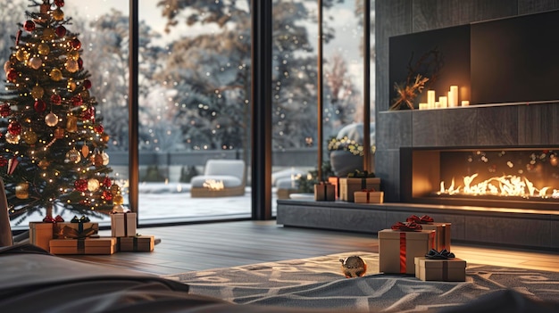 A festive scene of a modern villa interior decorated with a Christmas tree gift boxes a fireplace