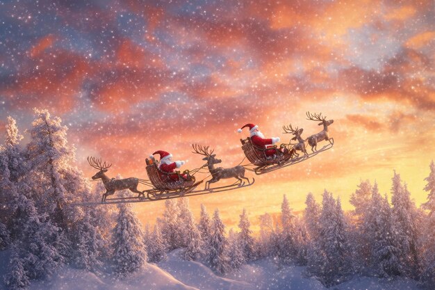 Photo a festive scene of santa claus flying in his sleigh pulled by reindeer over a snowcovered forest