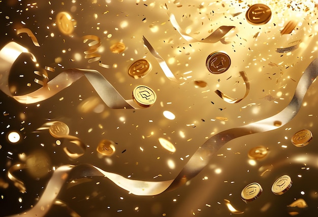 A festive scene with gold coins ribbons and confetti on a golden background with flowing lines