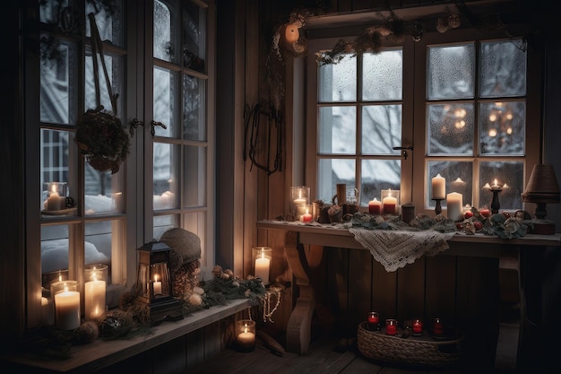 A festive scene with lanterns wreaths and stockings hanging in the window of a cozy cottage