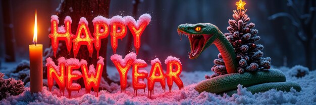 Festive scene with the phrase Happy New Year written on it along with a snake and a Christmas tree