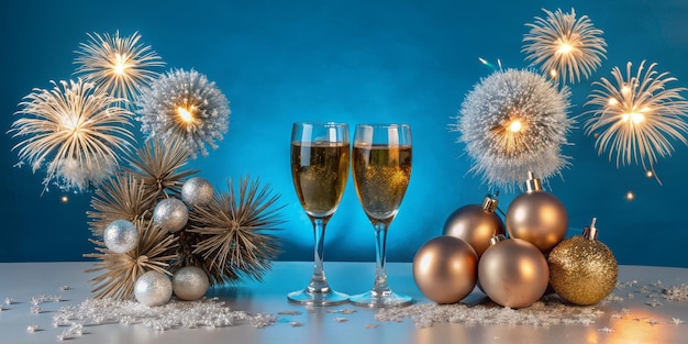 A festive scene with two wine glasses and a bunch of Christmas ornaments