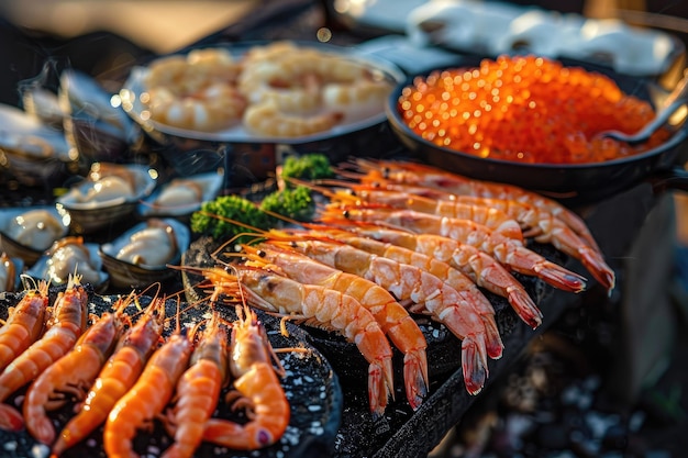 Festive Seafood Barbecue on the Beach with Salmon Roe and Sweet Shrimp