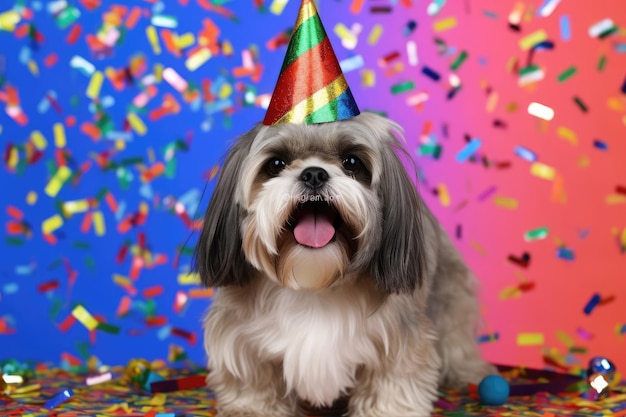 Festive Shih Tzu with Party Hat